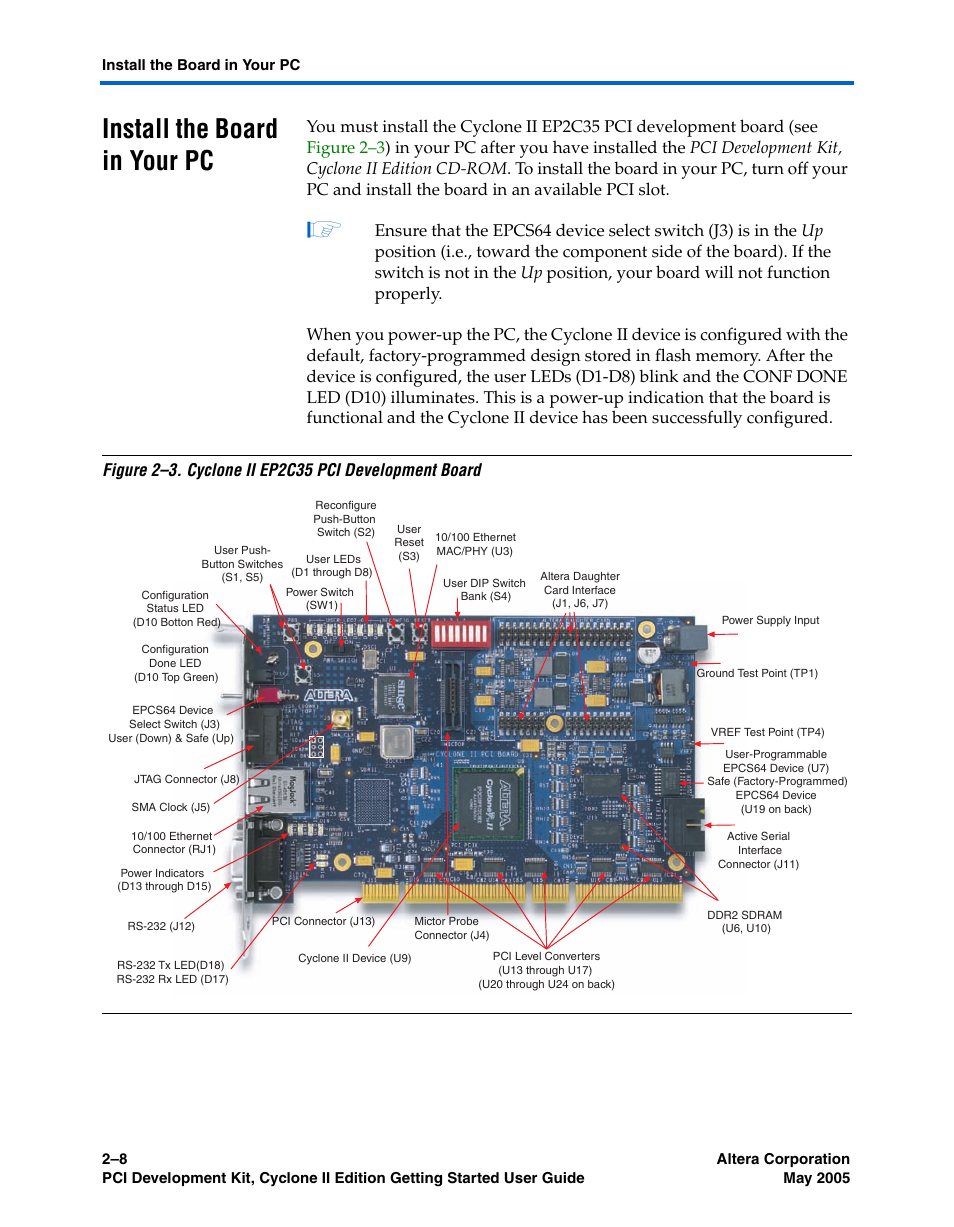 Install the board in your pc, Install the board in your pc –8 | Altera PCI Development Kit, Cyclone II Edition Getting Started User Manual | Page 18 / 40