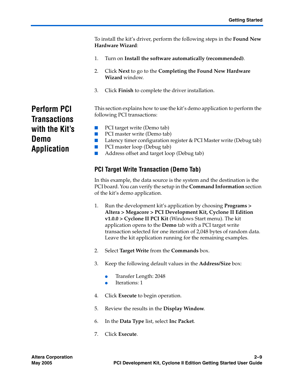 Pci target write transaction (demo tab) | Altera PCI Development Kit, Cyclone II Edition Getting Started User Manual | Page 19 / 40