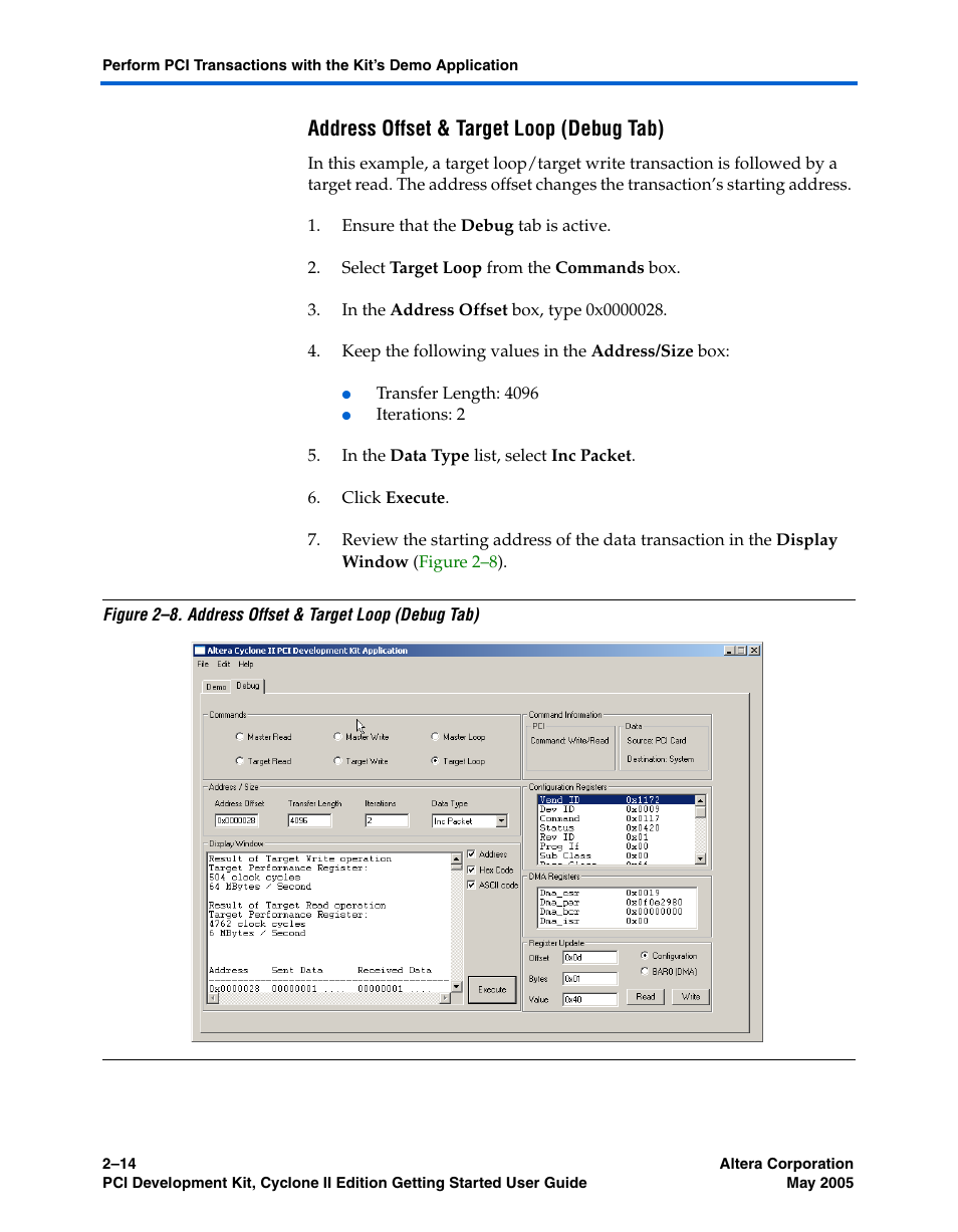 Address offset & target loop (debug tab) | Altera PCI Development Kit, Cyclone II Edition Getting Started User Manual | Page 24 / 40