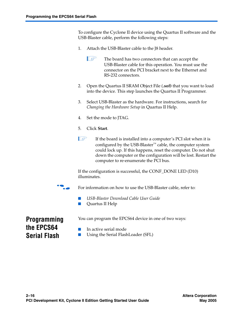 Programming the epcs64 serial flash, Programming the epcs64 serial flash –16 | Altera PCI Development Kit, Cyclone II Edition Getting Started User Manual | Page 26 / 40