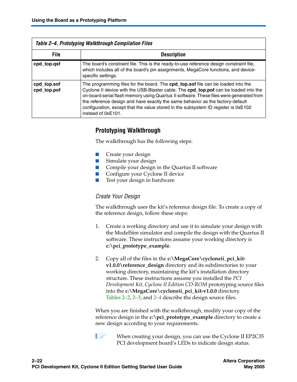 Prototyping walkthrough, Create your design | Altera PCI Development Kit, Cyclone II Edition Getting Started User Manual | Page 32 / 40
