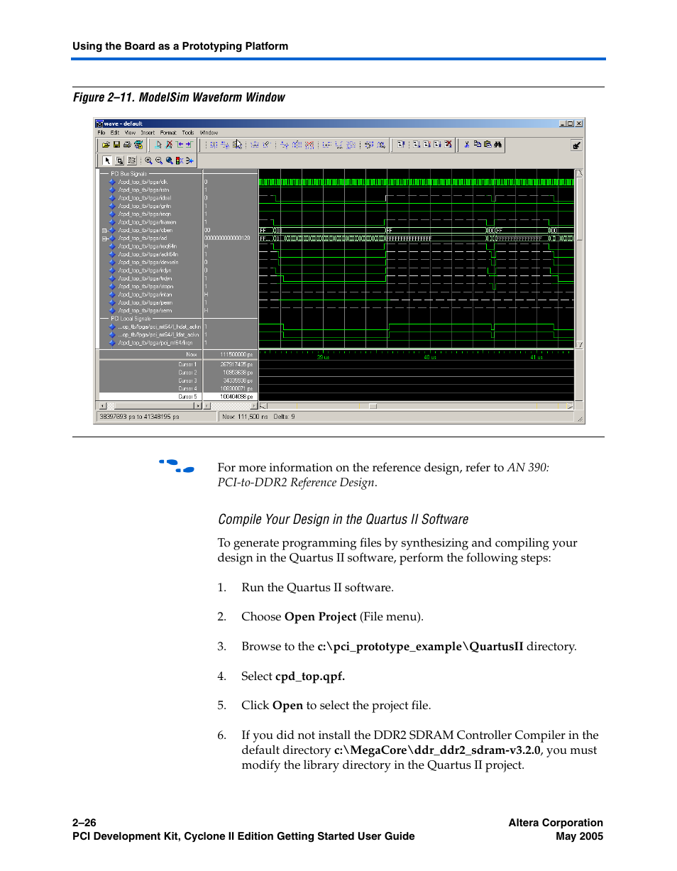 Compile your design in the quartus ii software | Altera PCI Development Kit, Cyclone II Edition Getting Started User Manual | Page 36 / 40