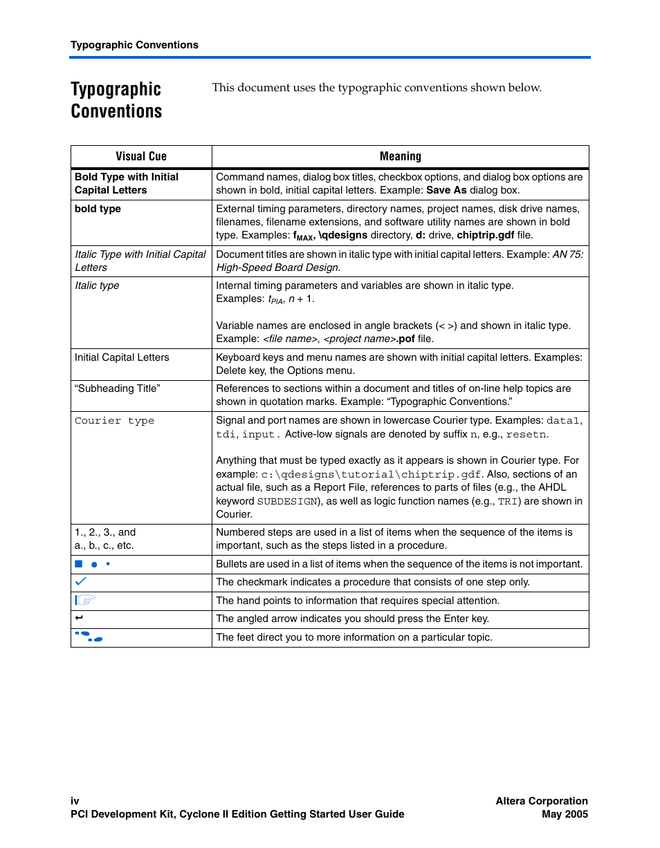 Typographic conventions | Altera PCI Development Kit, Cyclone II Edition Getting Started User Manual | Page 6 / 40
