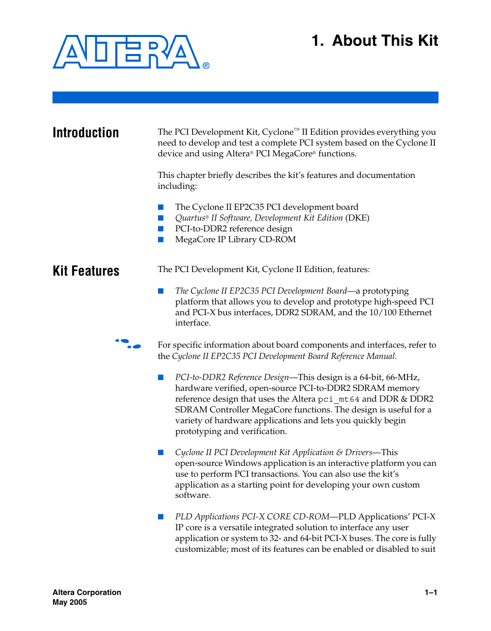 About this kit, Introduction, Kit features | Chapter 1. about this kit, Introduction –1 kit features –1 | Altera PCI Development Kit, Cyclone II Edition Getting Started User Manual | Page 7 / 40