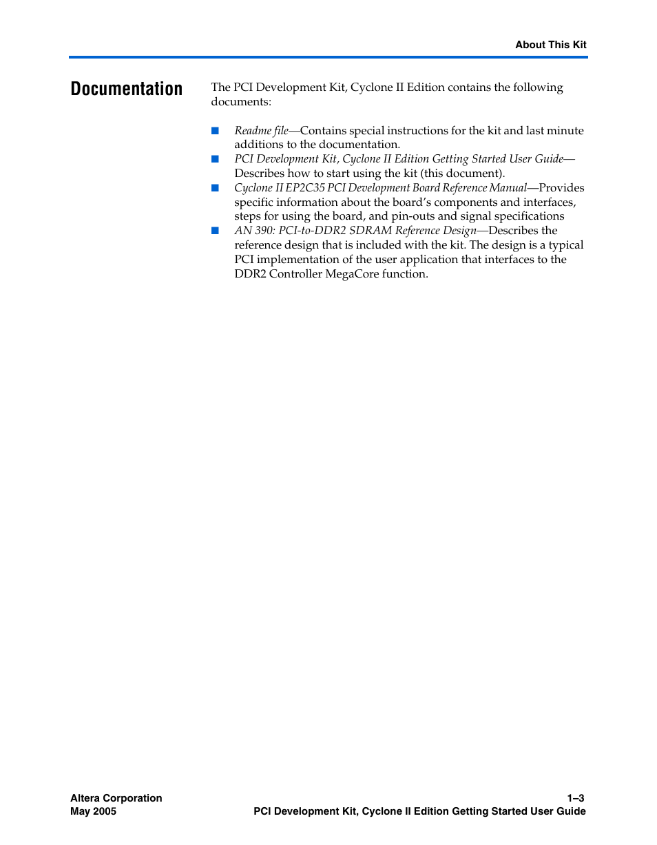 Documentation, Documentation –3 | Altera PCI Development Kit, Cyclone II Edition Getting Started User Manual | Page 9 / 40