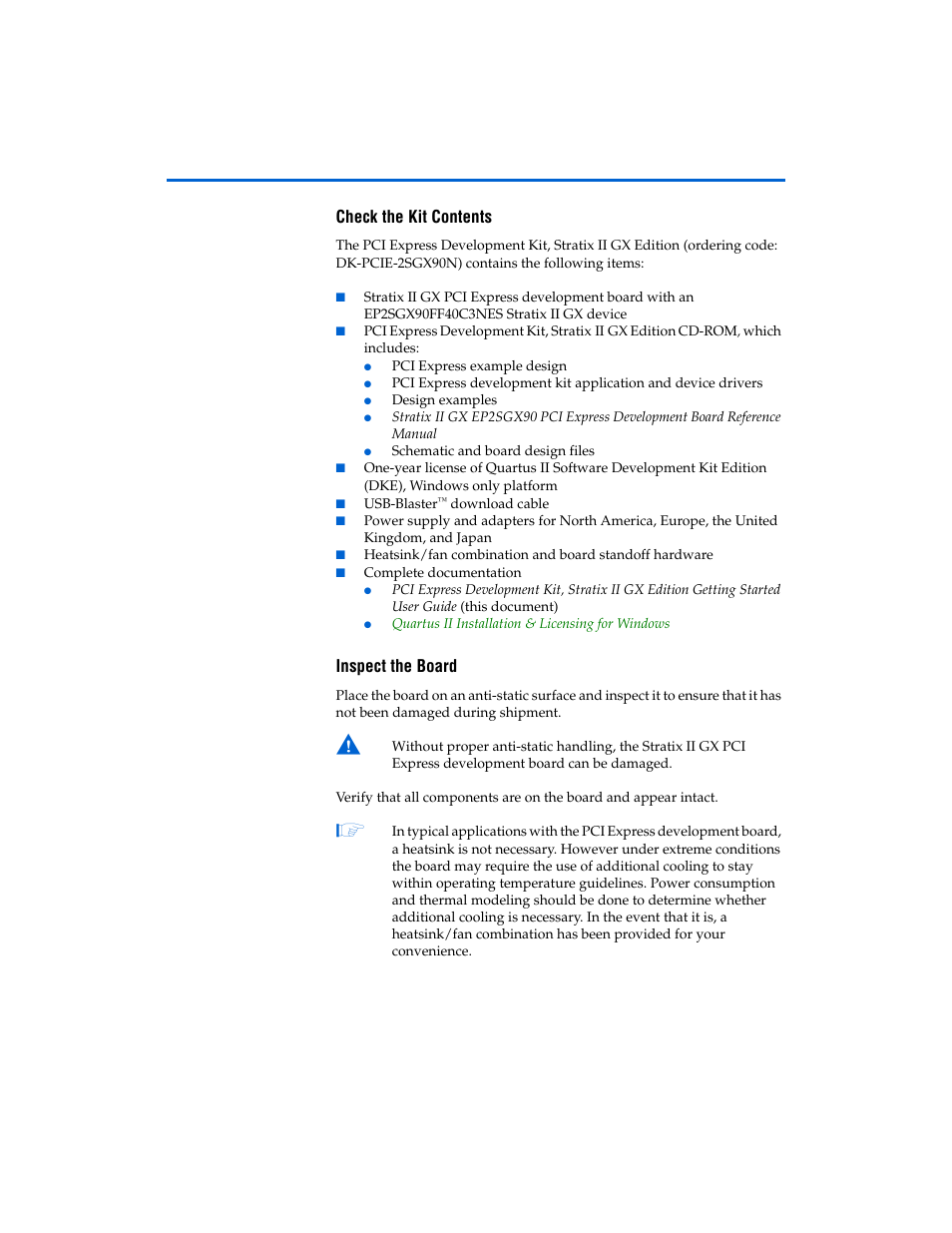 Check the kit contents, Inspect the board | Altera PCI Express Development Kit, Stratix II GX Edition Getting Started User Manual | Page 10 / 36