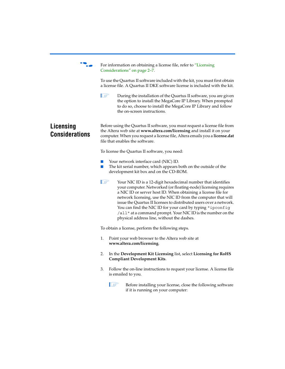 Licensing considerations, Licensing considerations –7 | Altera PCI Express Development Kit, Stratix II GX Edition Getting Started User Manual | Page 15 / 36