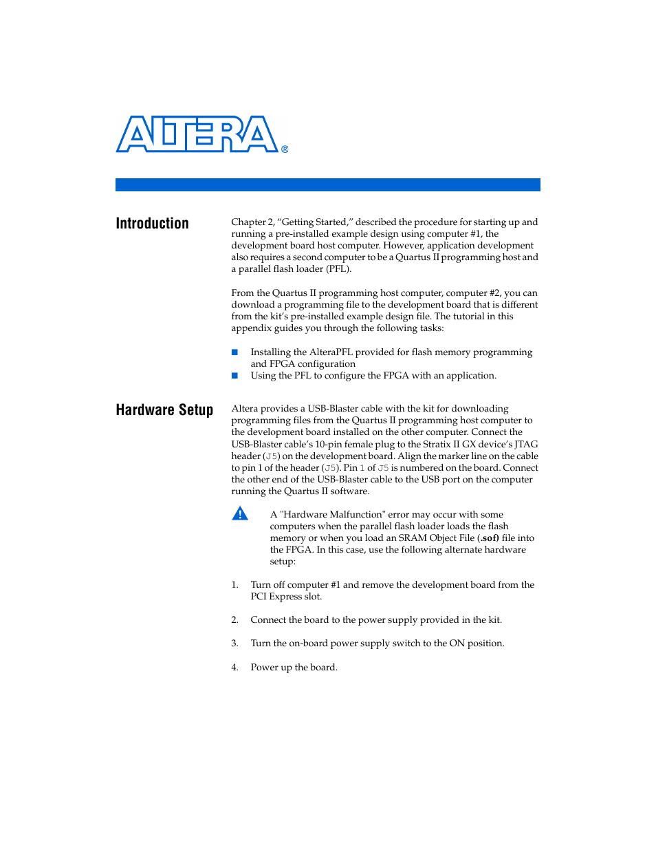 Appendix a. using the parallel flash loader, Introduction, Hardware setup | Appendix a, using, The parallel flash loader, Appendix a, using the parallel flash loader | Altera PCI Express Development Kit, Stratix II GX Edition Getting Started User Manual | Page 23 / 36