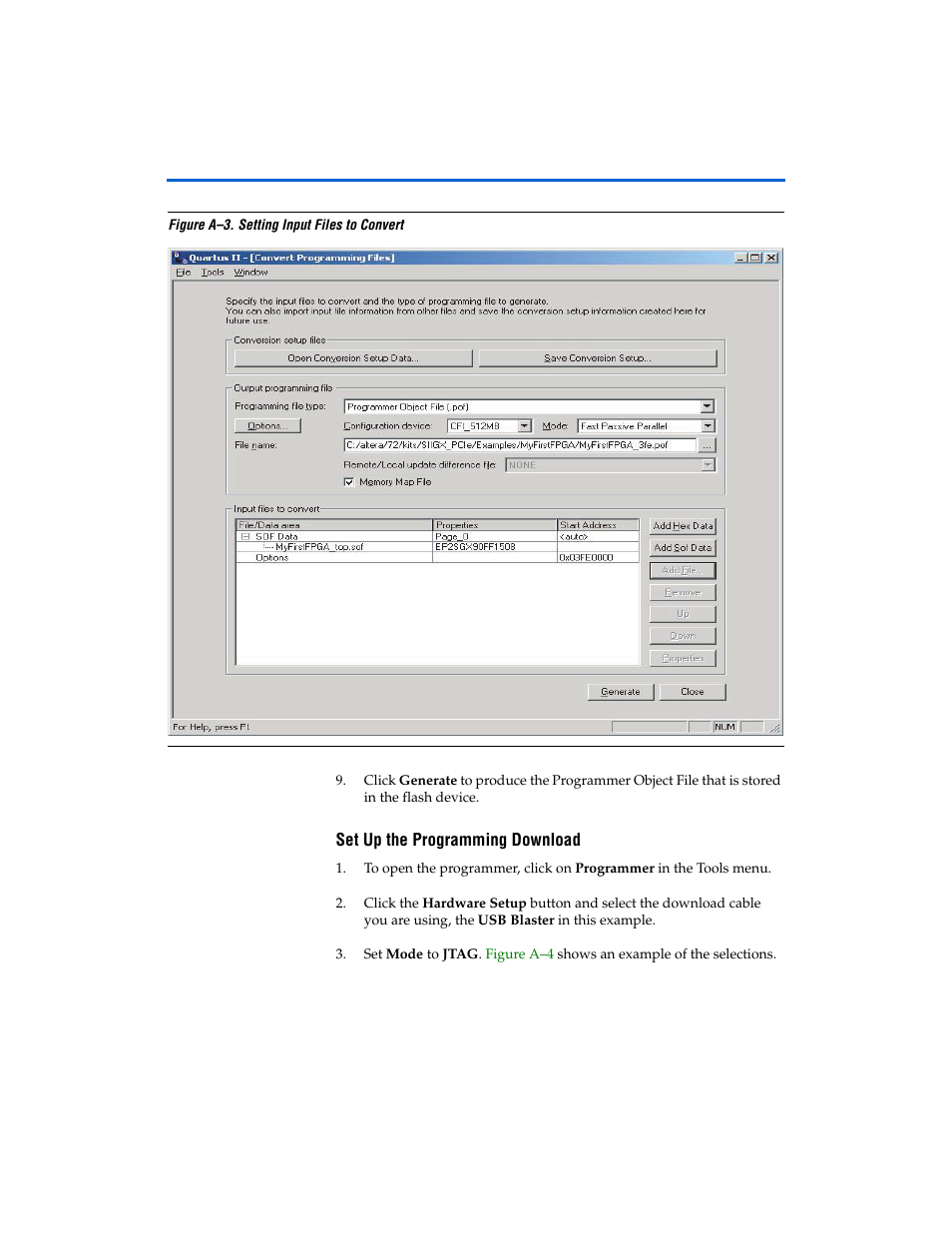 Set up the programming download, Figure a–3 | Altera PCI Express Development Kit, Stratix II GX Edition Getting Started User Manual | Page 27 / 36