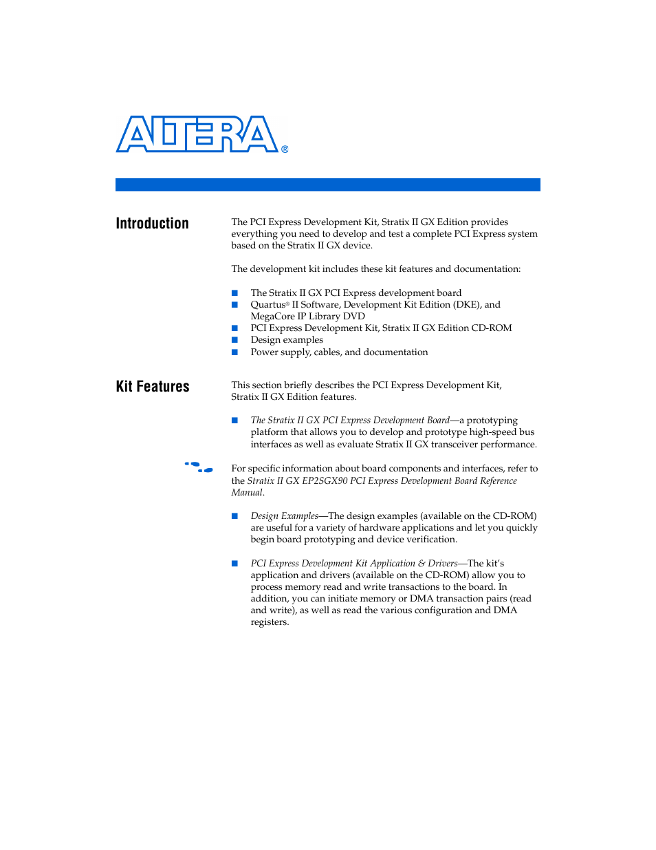 About this kit, Introduction, Kit features | Chapter 1. about this kit, Kit features –1 | Altera PCI Express Development Kit, Stratix II GX Edition Getting Started User Manual | Page 5 / 36