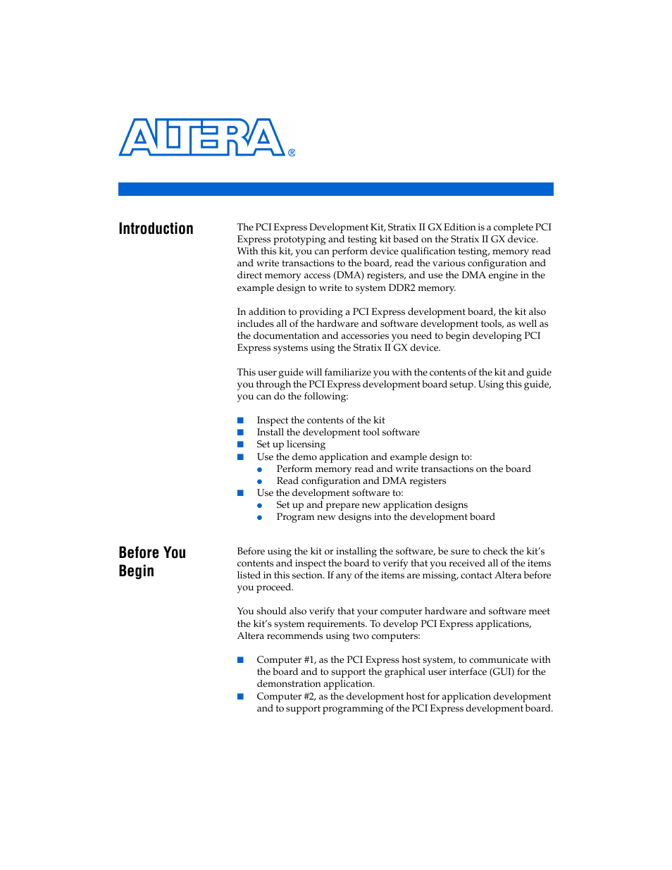 Getting started, Introduction, Before you begin | Chapter 2. getting started, Before you begin –1 | Altera PCI Express Development Kit, Stratix II GX Edition Getting Started User Manual | Page 9 / 36