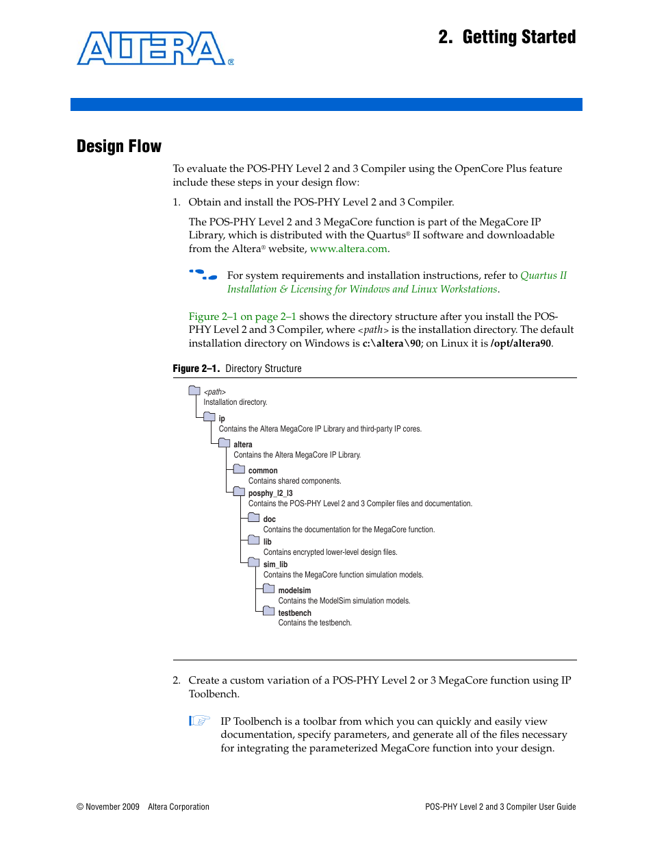 Getting started, Design flow, Chapter 2. getting started | Design flow –1 | Altera POS-PHY Level 2 and 3 Compiler User Manual | Page 13 / 62