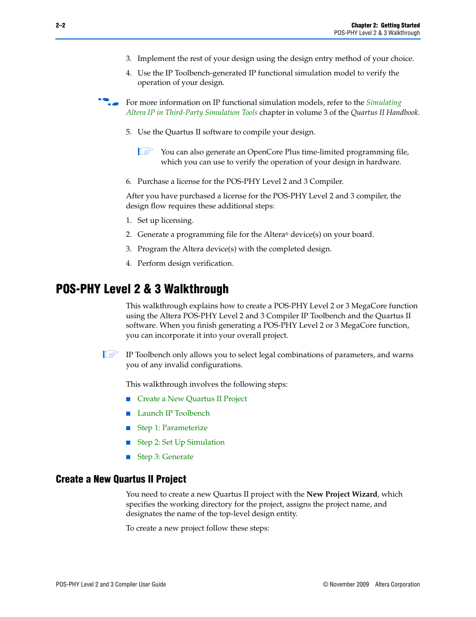 Pos-phy level 2 & 3 walkthrough, Create a new quartus ii project, Pos-phy level 2 & 3 walkthrough –2 | Create a new quartus ii project –2 | Altera POS-PHY Level 2 and 3 Compiler User Manual | Page 14 / 62