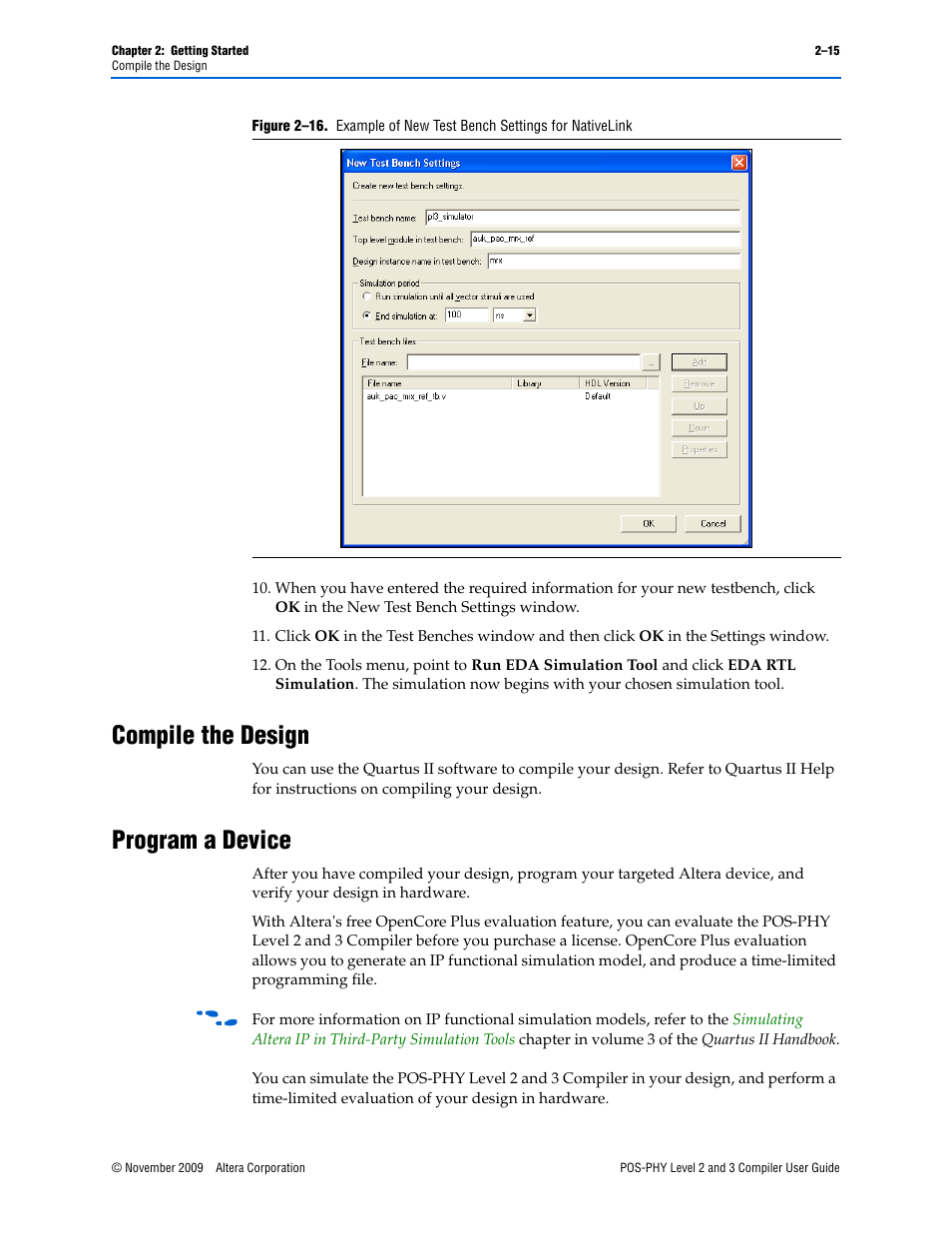 Compile the design, Program a device, Compile the design –15 program a device –15 | Altera POS-PHY Level 2 and 3 Compiler User Manual | Page 27 / 62