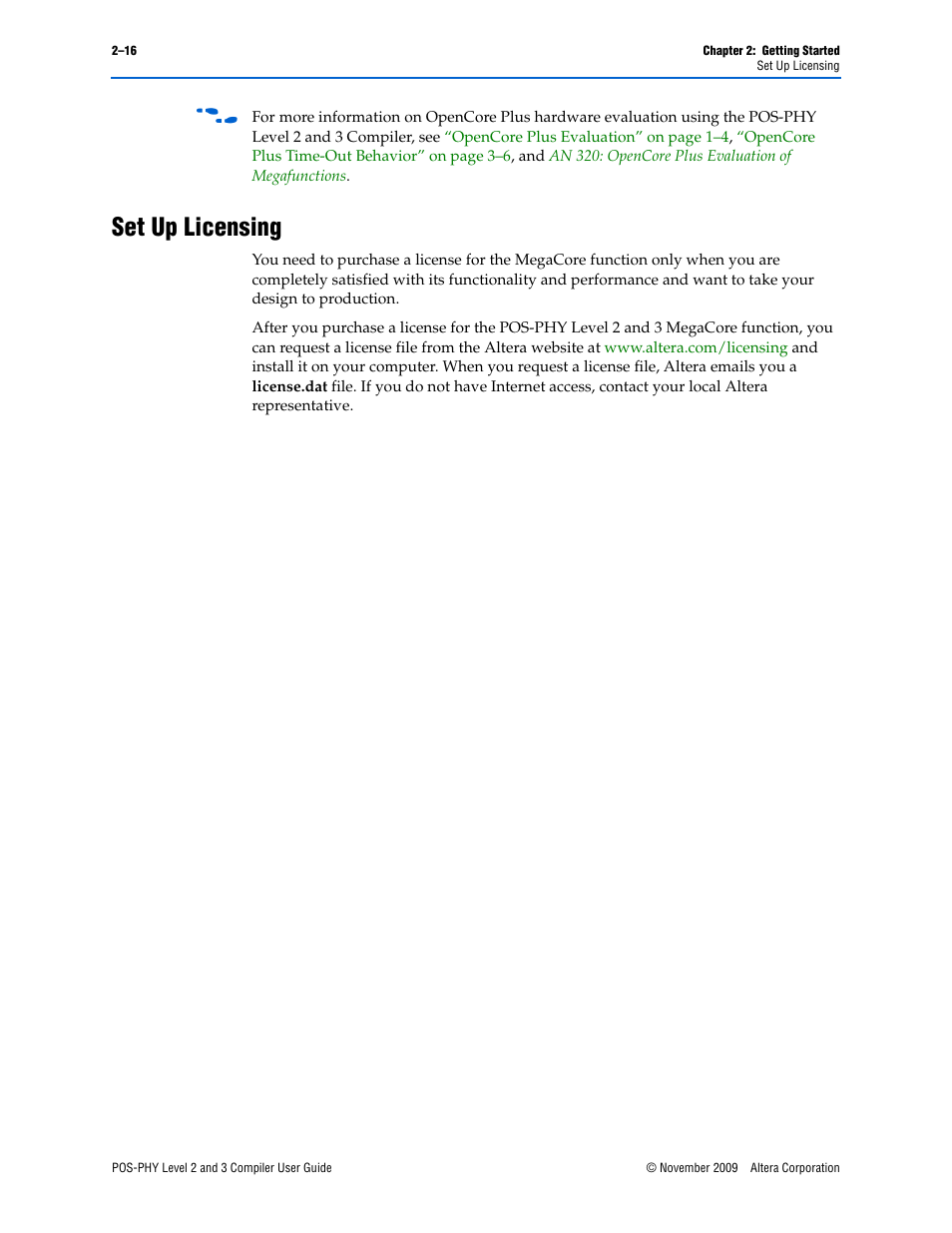 Set up licensing, Set up licensing –16 | Altera POS-PHY Level 2 and 3 Compiler User Manual | Page 28 / 62