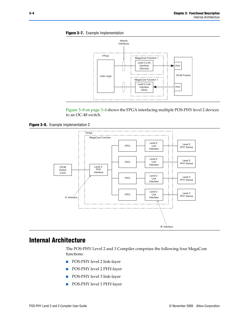 Internal architecture, Internal architecture –4, Pos-phy level 2 link-layer | Pos-phy level 2 phy-layer, Pos-phy level 3 link-layer, Pos-phy level 3 phy-layer, Figure 3–7. example implementation, Figure 3–8. example implementation 2 | Altera POS-PHY Level 2 and 3 Compiler User Manual | Page 32 / 62