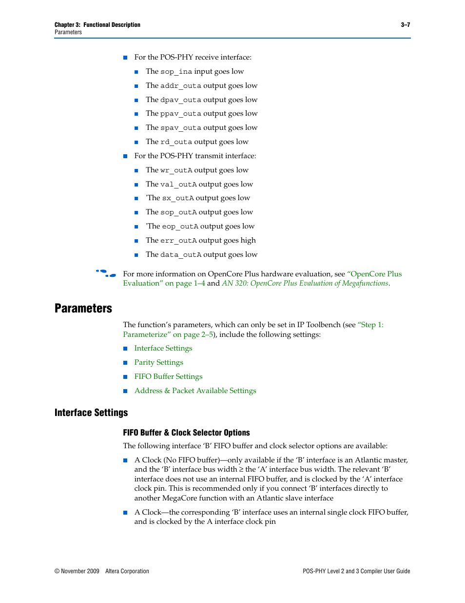 Parameters, Interface settings, Parameters –7 | Interface settings –7, Fifo buffer & clock selector options –7, Fifo buffer & clock selector options | Altera POS-PHY Level 2 and 3 Compiler User Manual | Page 35 / 62