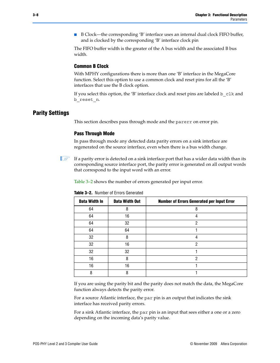 Parity settings, Common b clock –8, Parity settings –8 | Pass through mode –8 | Altera POS-PHY Level 2 and 3 Compiler User Manual | Page 36 / 62