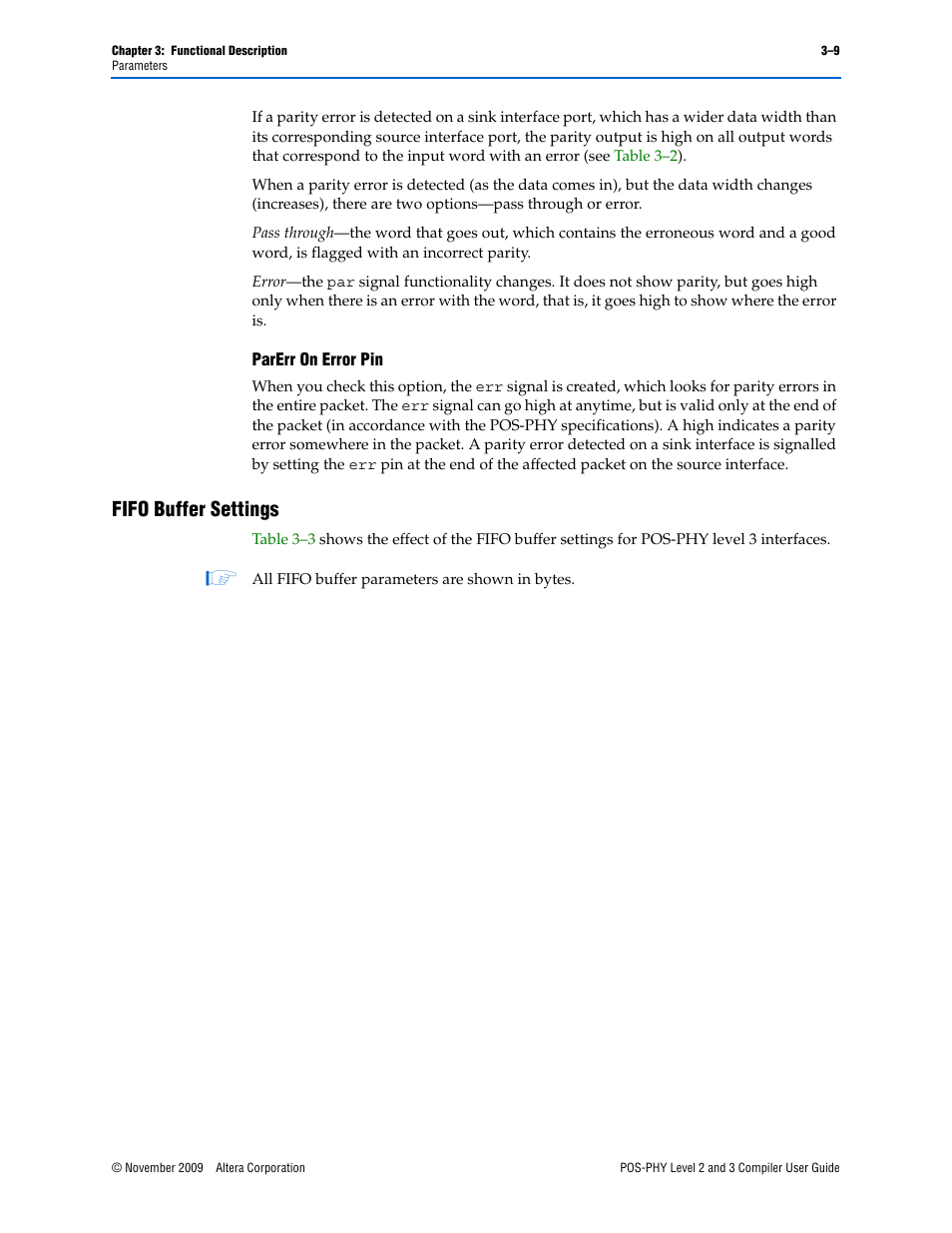 Fifo buffer settings, Parerr on error pin –9, Fifo buffer settings –9 | Fifo buffer settings” on | Altera POS-PHY Level 2 and 3 Compiler User Manual | Page 37 / 62