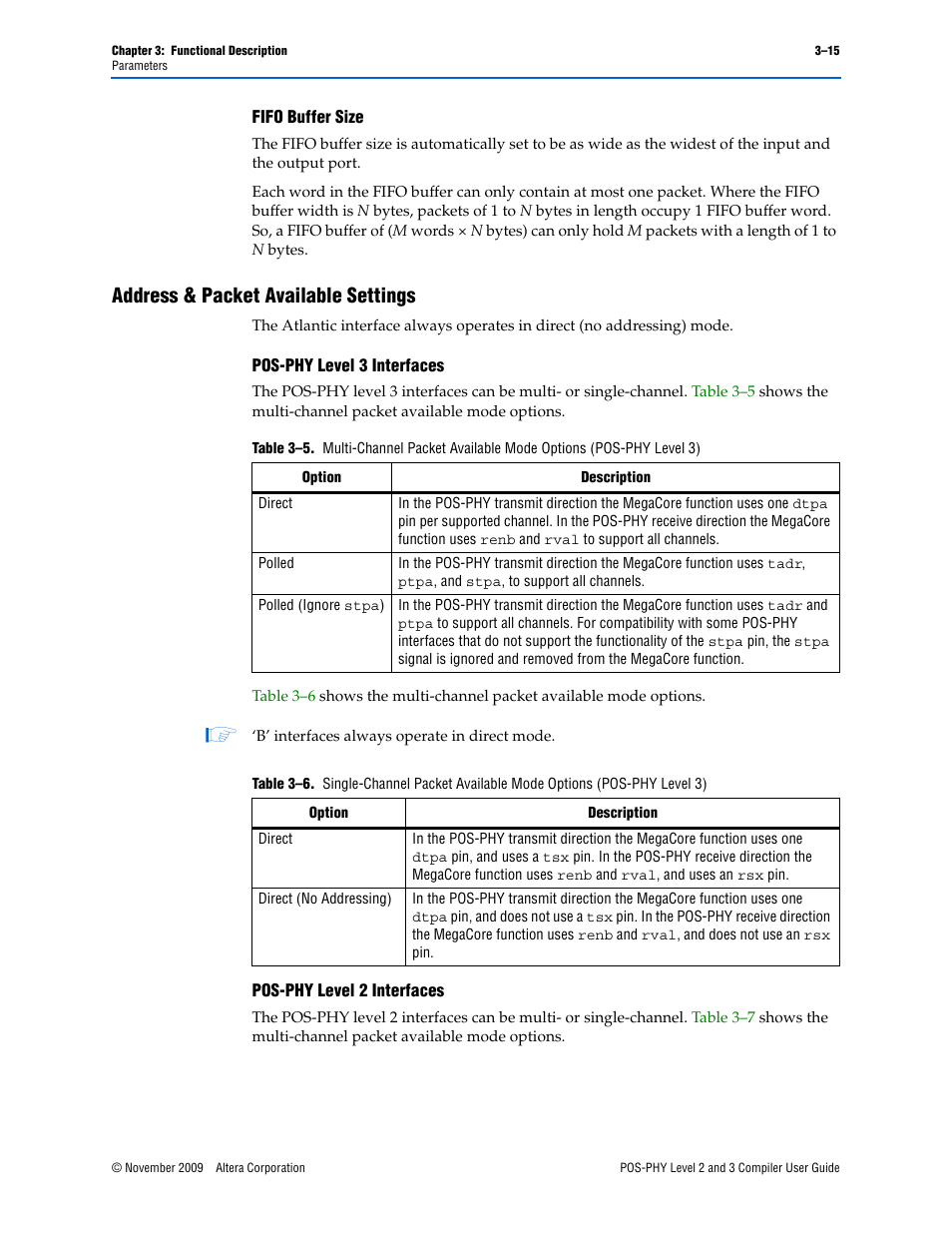 Address & packet available settings, Fifo buffer size –15, Address & packet available settings –15 | Address | Altera POS-PHY Level 2 and 3 Compiler User Manual | Page 43 / 62