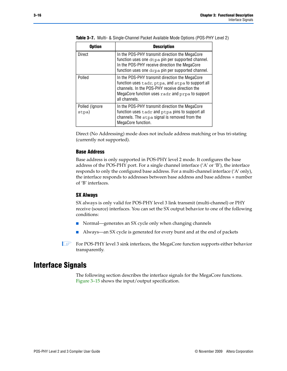 Interface signals, Base address –16 sx always –16, Interface signals –16 | Altera POS-PHY Level 2 and 3 Compiler User Manual | Page 44 / 62