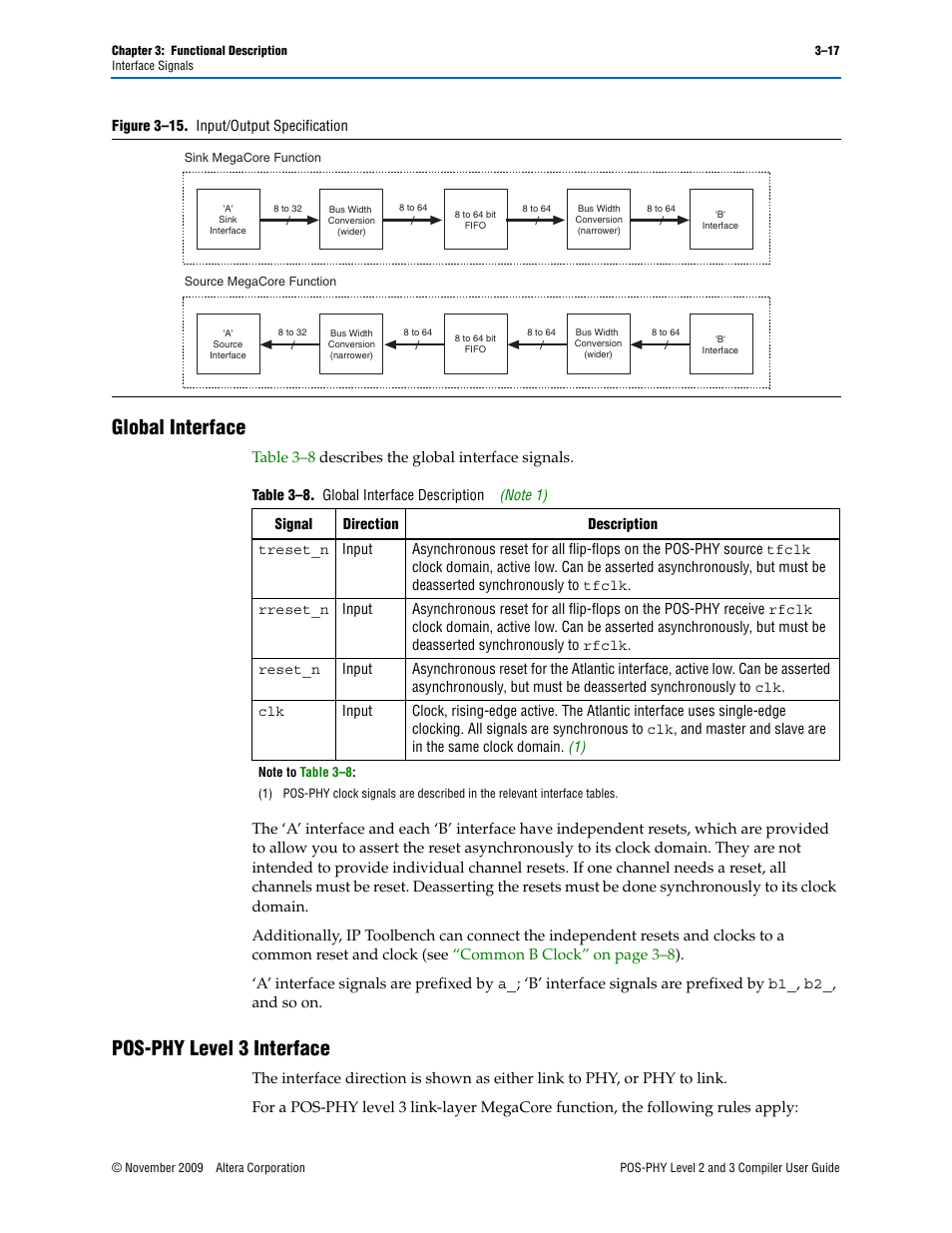 Global interface, Pos-phy level 3 interface, Global interface –17 pos-phy level 3 interface –17 | Altera POS-PHY Level 2 and 3 Compiler User Manual | Page 45 / 62
