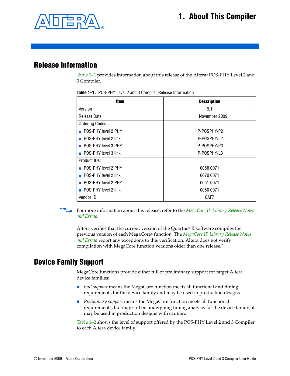 About this compiler, Release information, Device family support | Chapter 1. about this compiler, Release information –1 device family support –1 | Altera POS-PHY Level 2 and 3 Compiler User Manual | Page 5 / 62