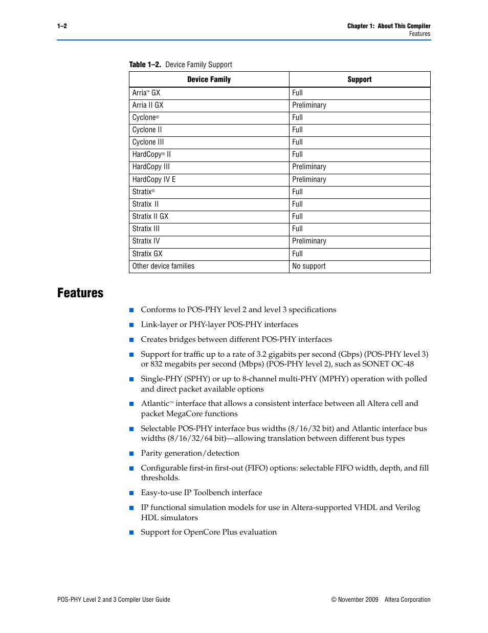 Features, Features –2 | Altera POS-PHY Level 2 and 3 Compiler User Manual | Page 6 / 62