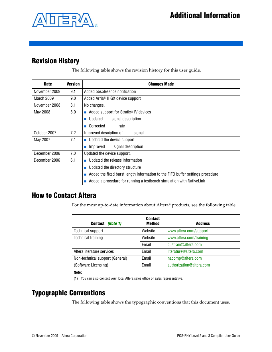 Additional information, Revision history, How to contact altera | Typographic conventions | Altera POS-PHY Level 2 and 3 Compiler User Manual | Page 61 / 62