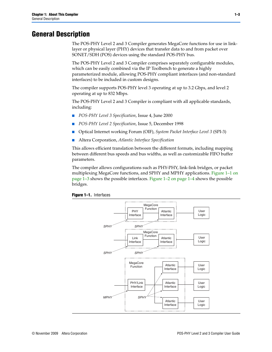 General description, General description –3 | Altera POS-PHY Level 2 and 3 Compiler User Manual | Page 7 / 62