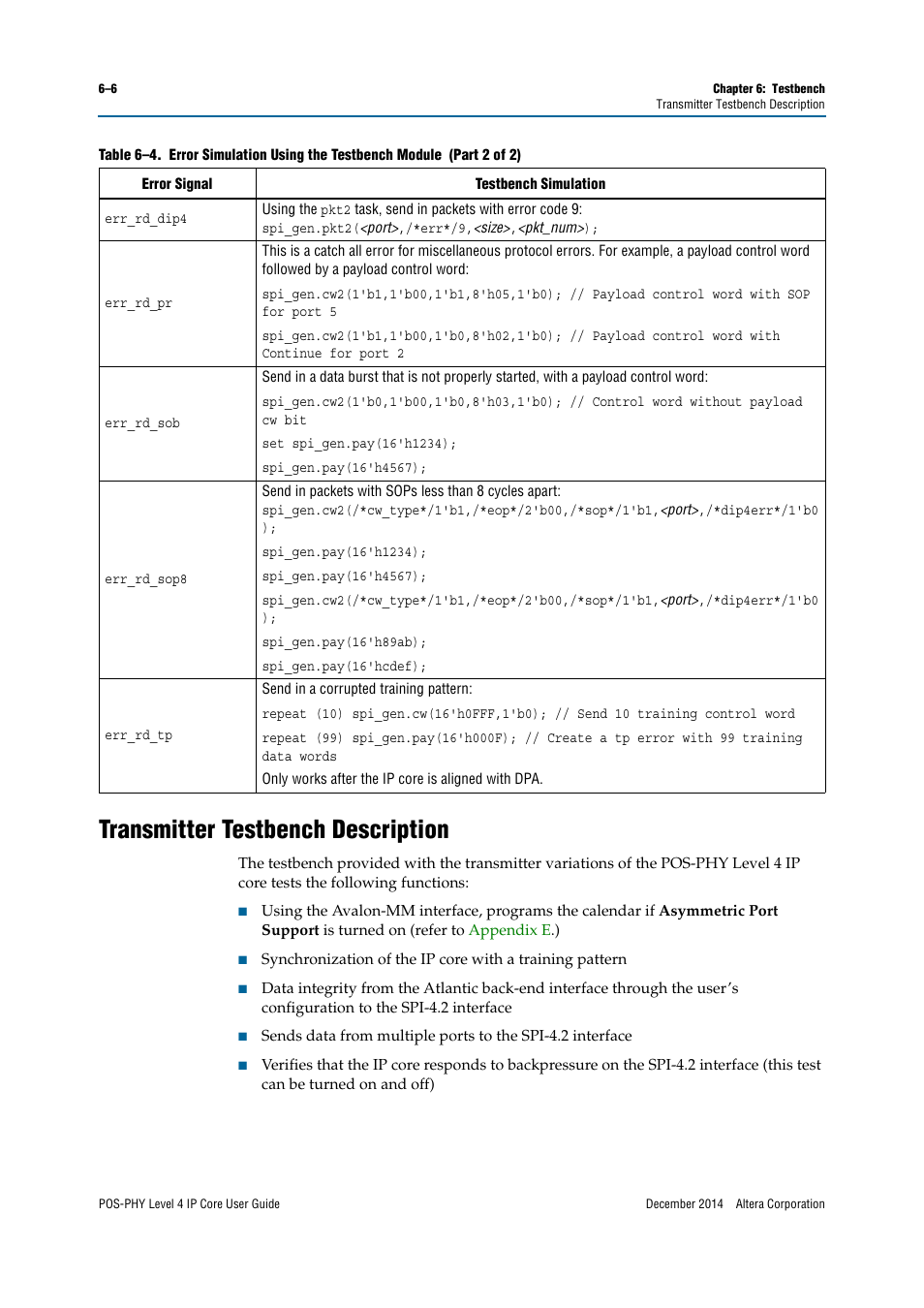Transmitter testbench description | Altera POS-PHY Level 4 IP Core User Manual | Page 104 / 142