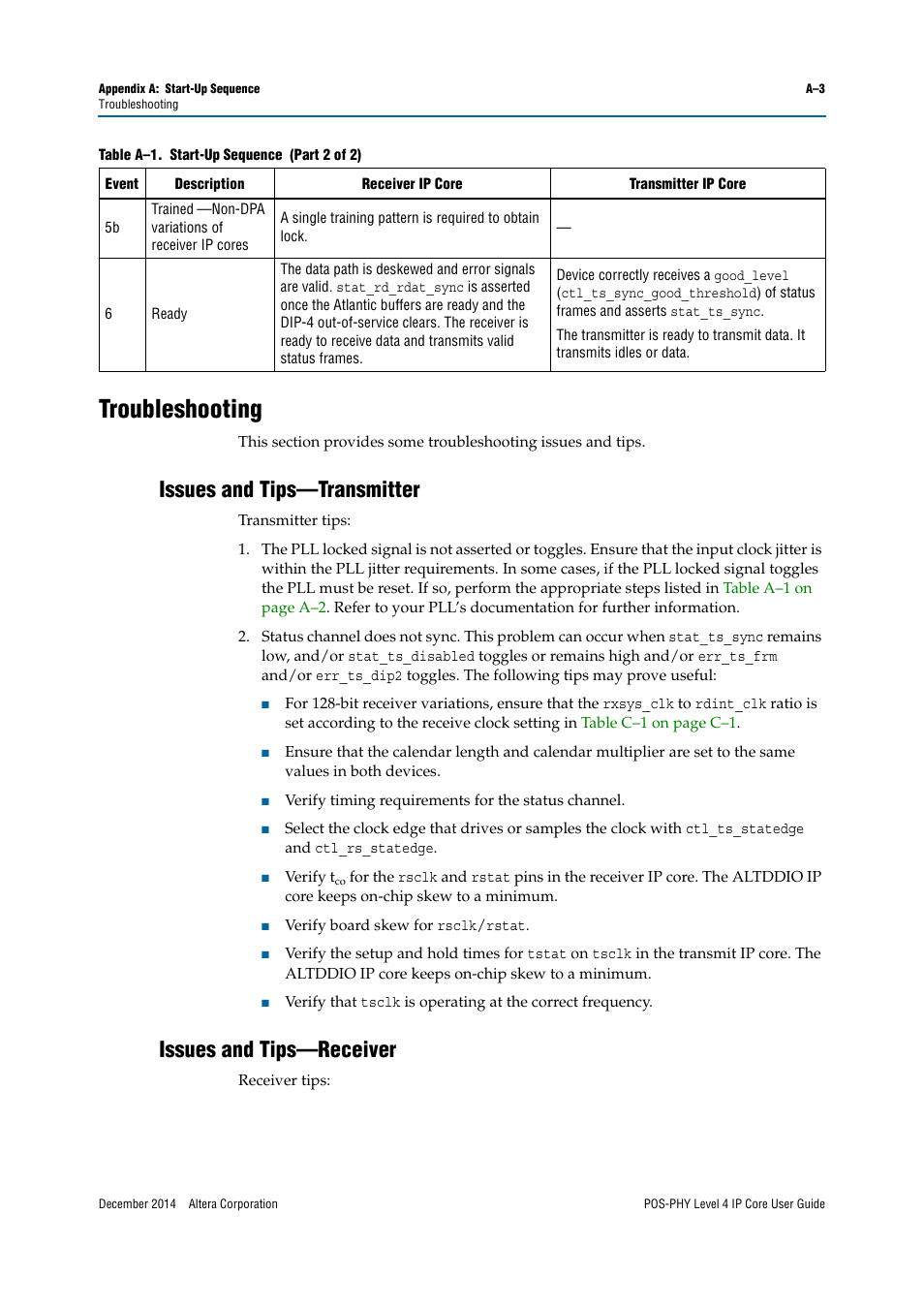 Troubleshooting, Issues and tips—transmitter, Issues and tips—receiver | Altera POS-PHY Level 4 IP Core User Manual | Page 109 / 142