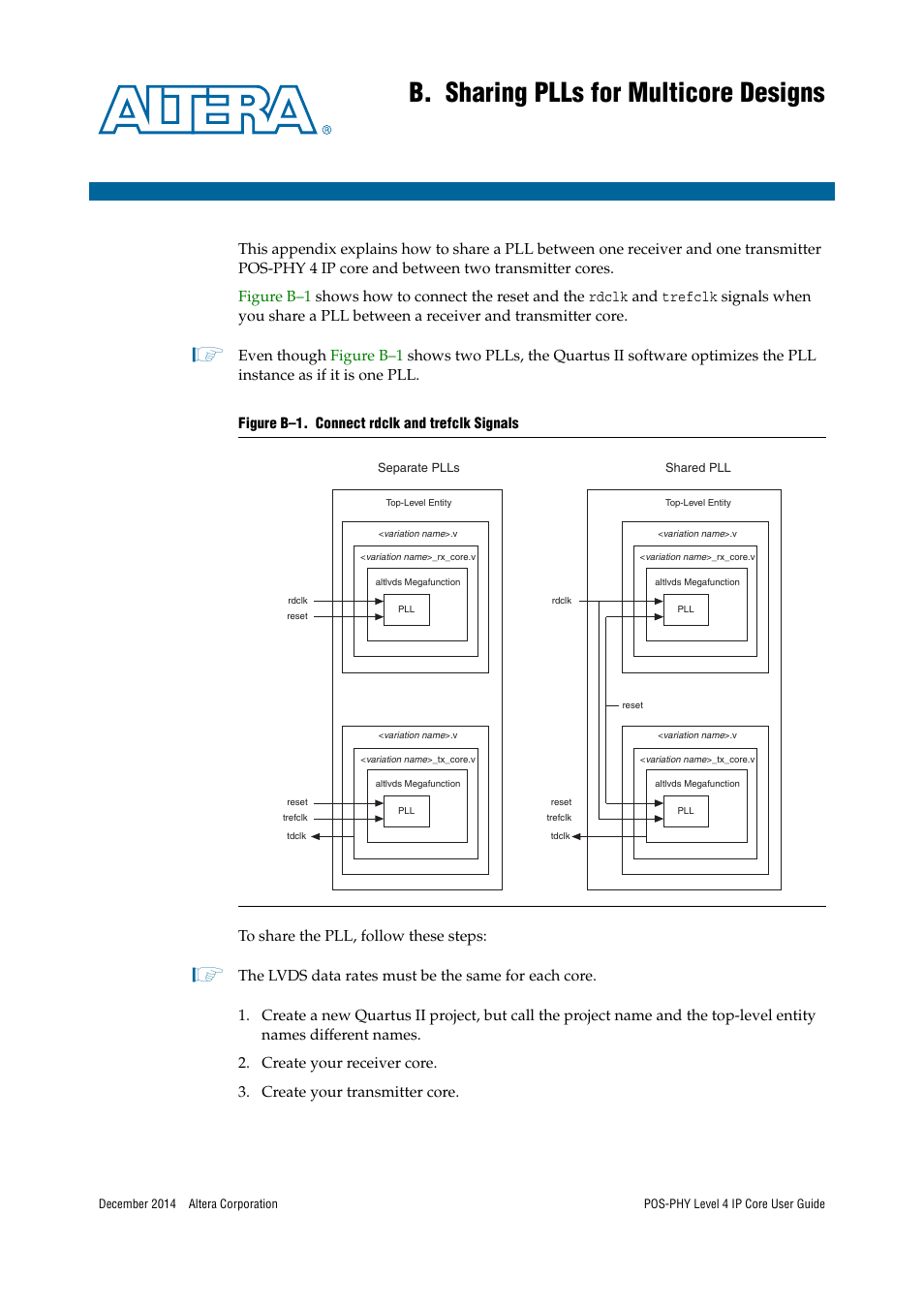B. sharing plls for multicore designs | Altera POS-PHY Level 4 IP Core User Manual | Page 113 / 142
