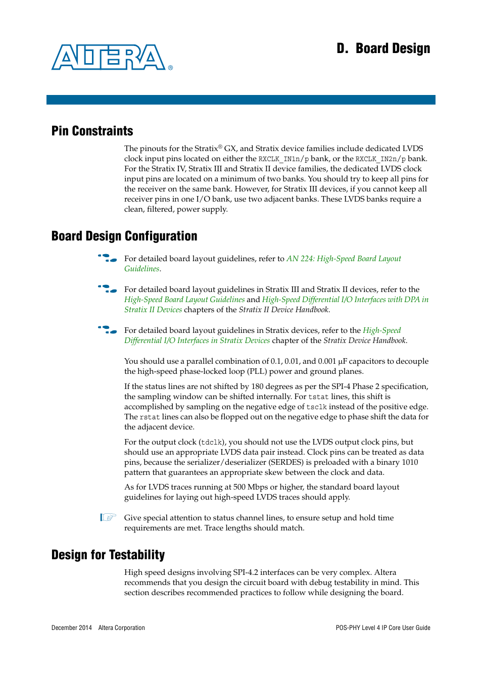 D. board design, Pin constraints, Board design configuration | Design for testability | Altera POS-PHY Level 4 IP Core User Manual | Page 117 / 142