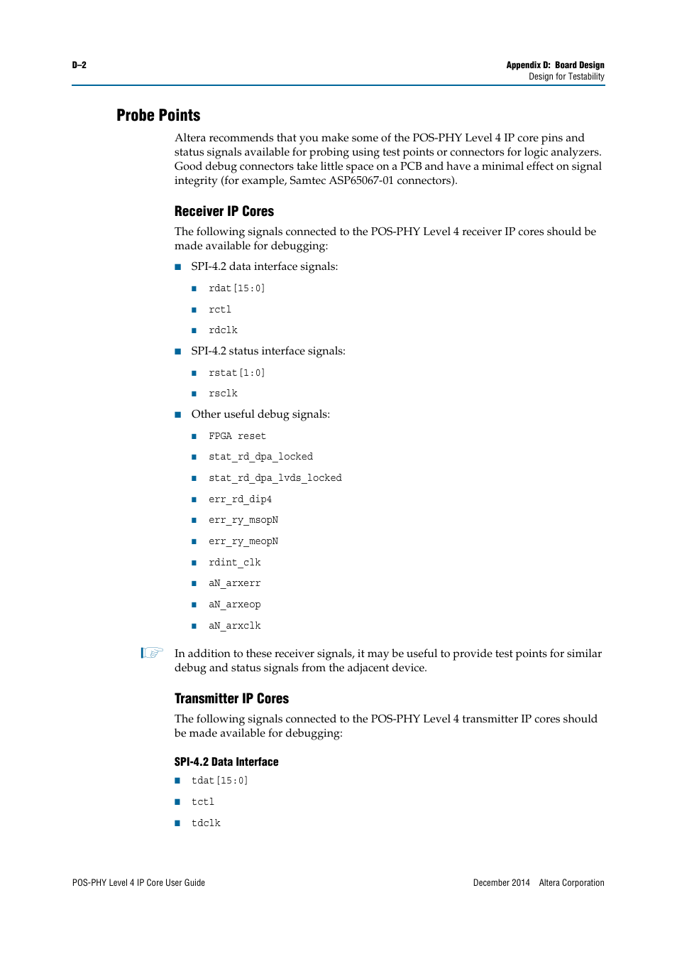 Probe points, Receiver ip cores, Transmitter ip cores | Altera POS-PHY Level 4 IP Core User Manual | Page 118 / 142