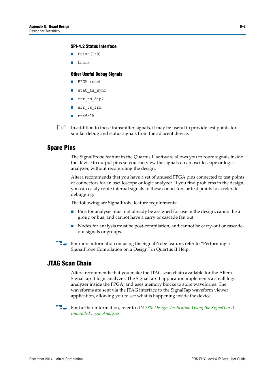 Spare pins, Jtag scan chain | Altera POS-PHY Level 4 IP Core User Manual | Page 119 / 142