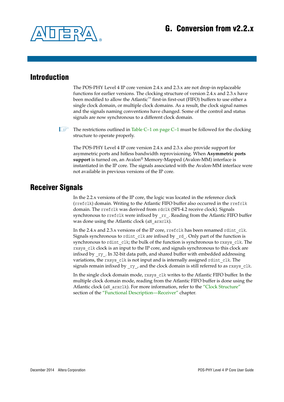 G. conversion from v2.2.x, Introduction, Receiver signals | Altera POS-PHY Level 4 IP Core User Manual | Page 131 / 142