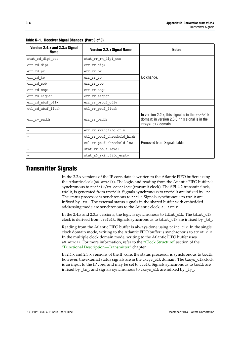 Transmitter signals | Altera POS-PHY Level 4 IP Core User Manual | Page 134 / 142