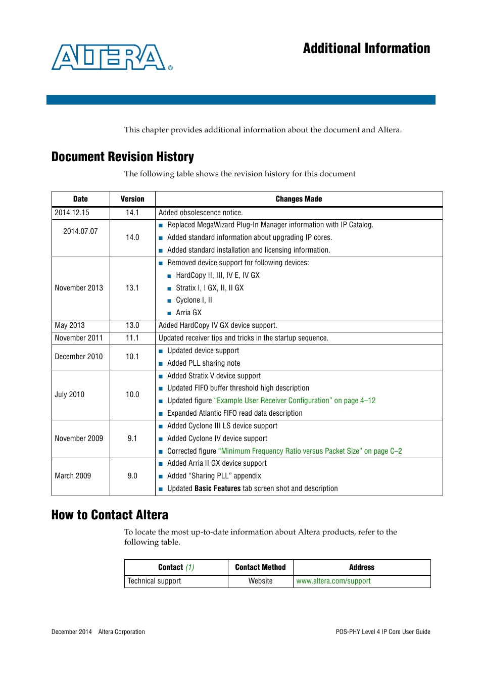 Additional information, Document revision history, How to contact altera | Altera POS-PHY Level 4 IP Core User Manual | Page 139 / 142