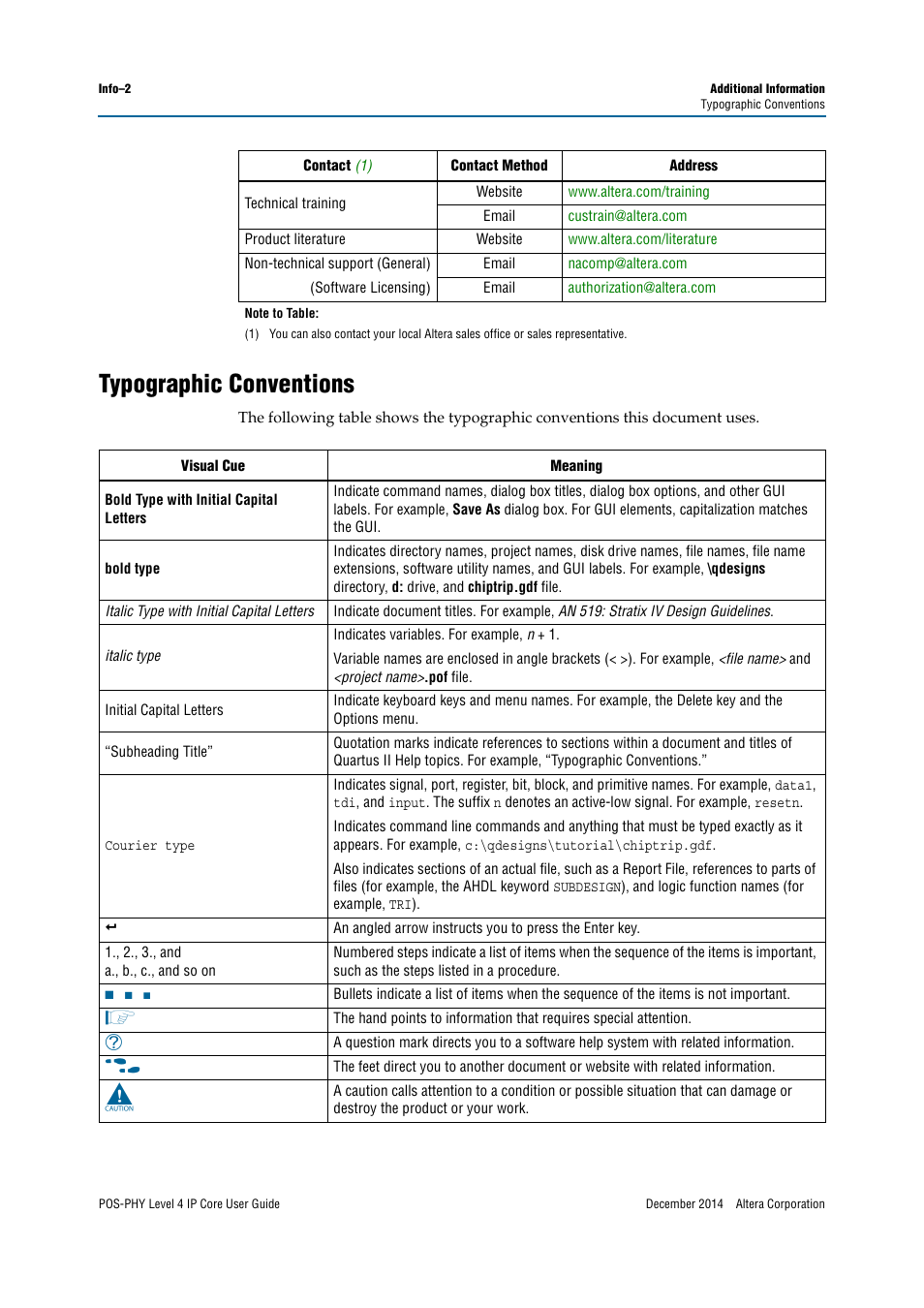 Typographic conventions | Altera POS-PHY Level 4 IP Core User Manual | Page 140 / 142
