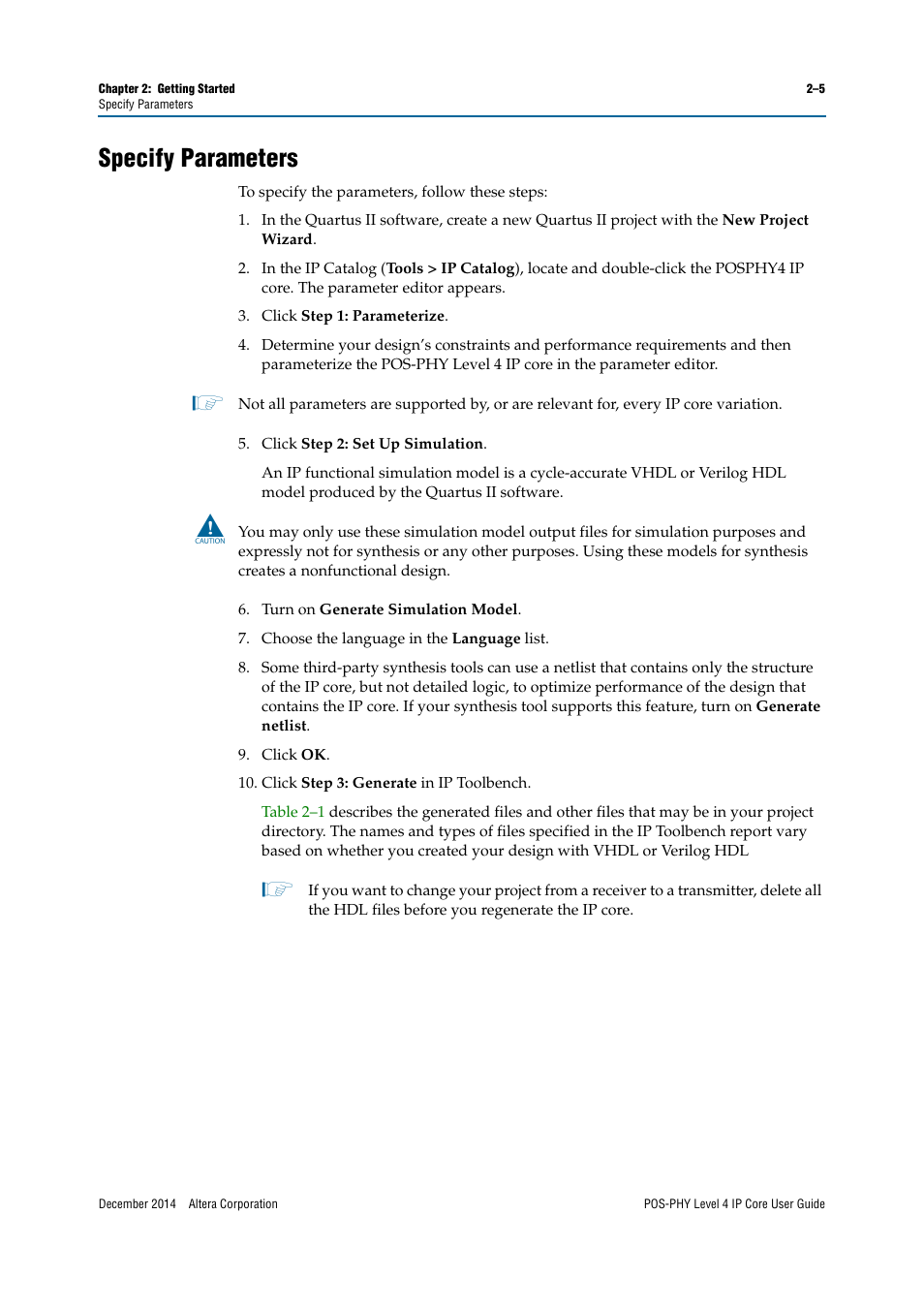 Specify parameters | Altera POS-PHY Level 4 IP Core User Manual | Page 15 / 142