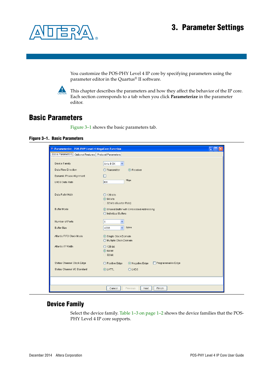 Parameter settings, Basic parameters, Device family | Altera POS-PHY Level 4 IP Core User Manual | Page 21 / 142