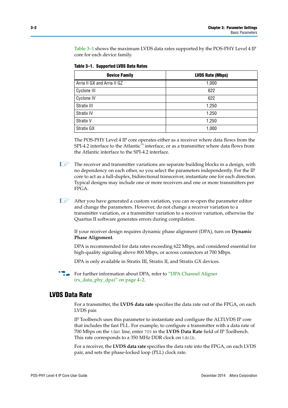 Lvds data rate | Altera POS-PHY Level 4 IP Core User Manual | Page 22 / 142