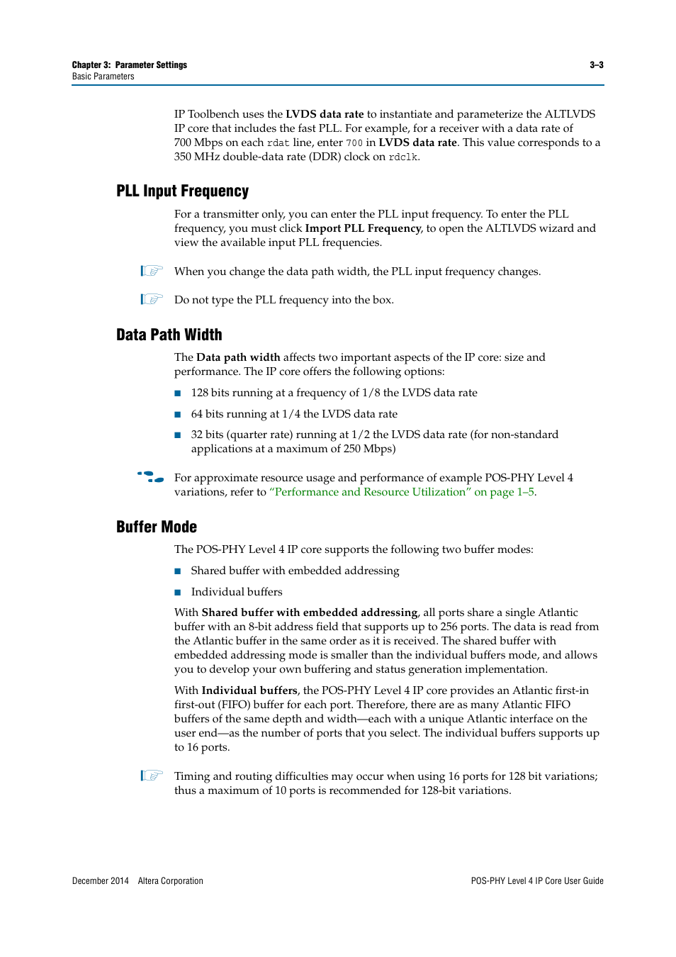 Pll input frequency, Data path width, Buffer mode | Altera POS-PHY Level 4 IP Core User Manual | Page 23 / 142