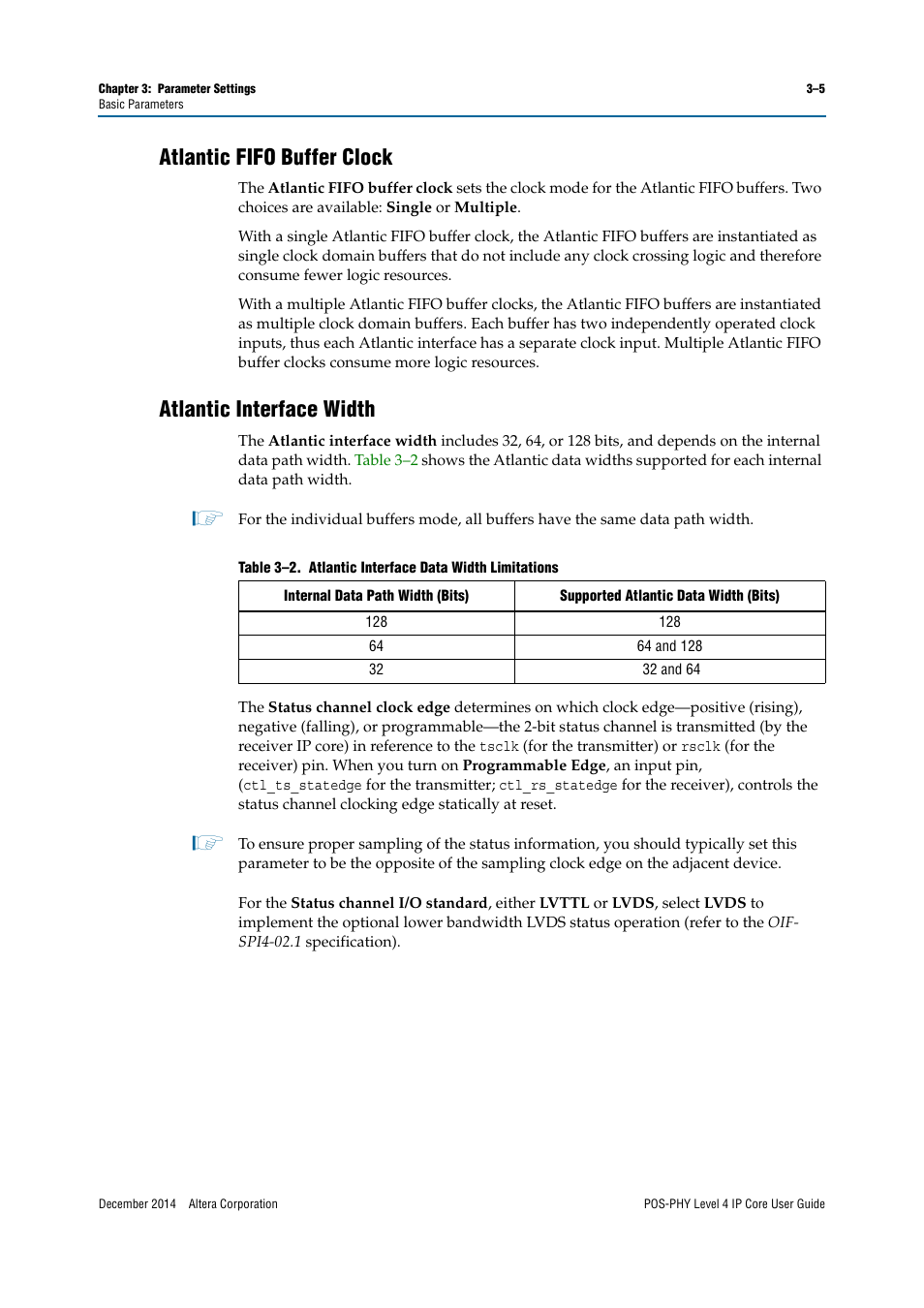 Atlantic fifo buffer clock, Atlantic interface width | Altera POS-PHY Level 4 IP Core User Manual | Page 25 / 142