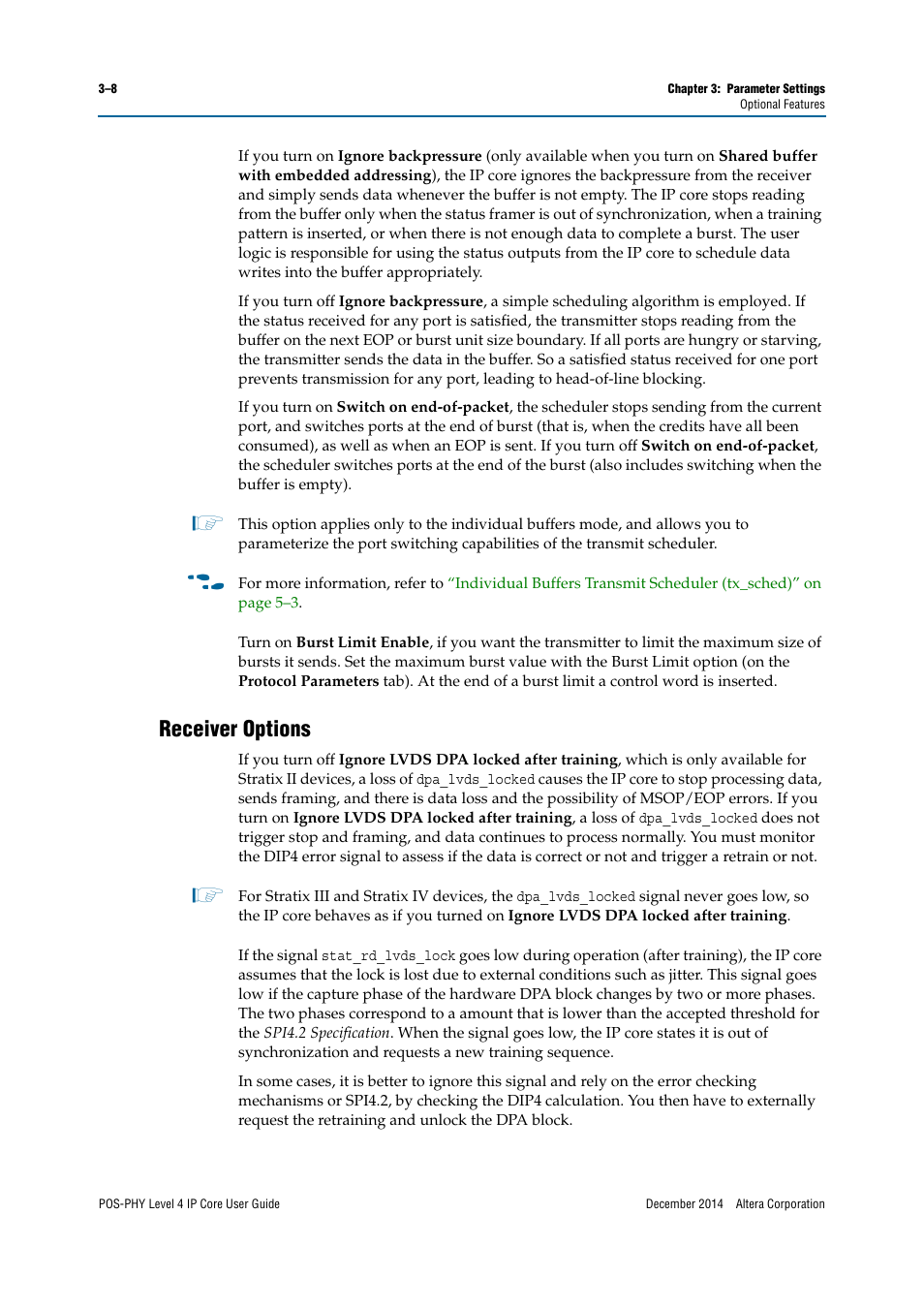 Receiver options | Altera POS-PHY Level 4 IP Core User Manual | Page 28 / 142