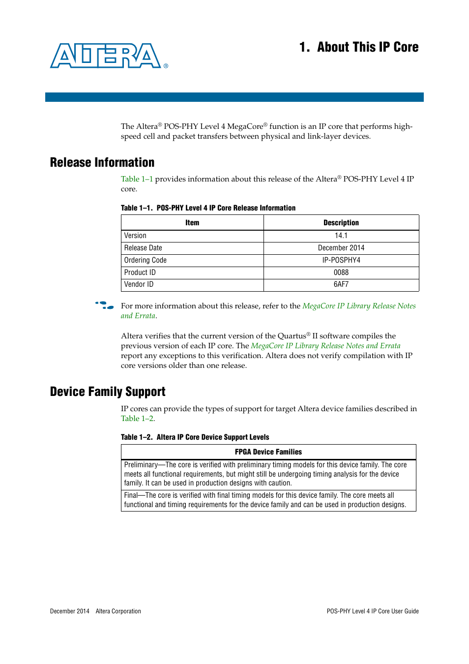 About this ip core, Release information, Device family support | Altera POS-PHY Level 4 IP Core User Manual | Page 3 / 142