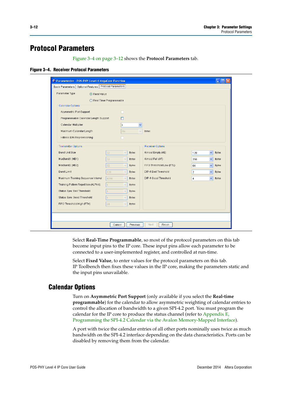 Protocol parameters, Calendar options | Altera POS-PHY Level 4 IP Core User Manual | Page 32 / 142