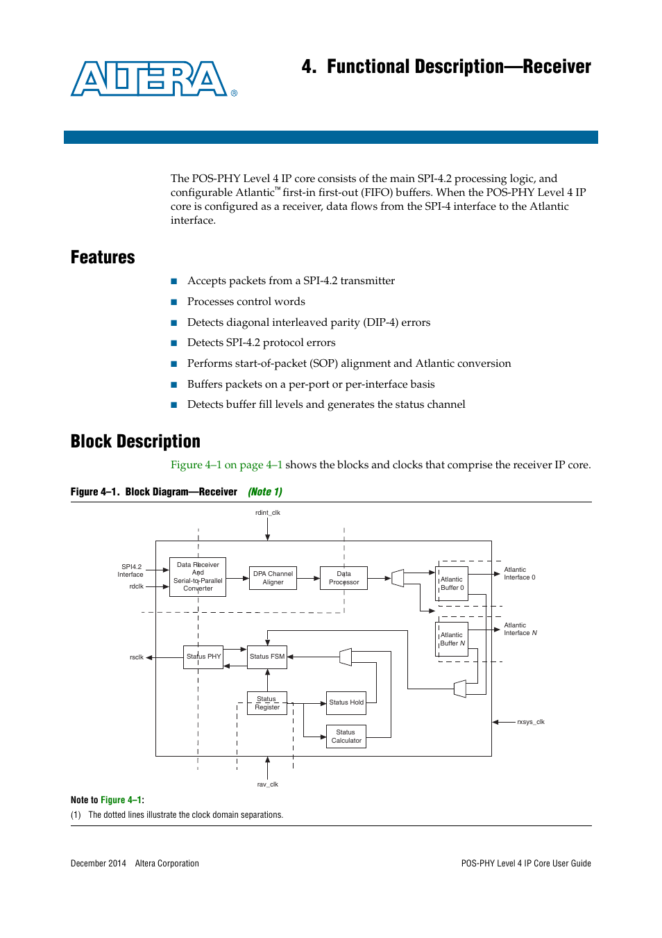 Functional description—receiver, Features, Block description | Altera POS-PHY Level 4 IP Core User Manual | Page 39 / 142