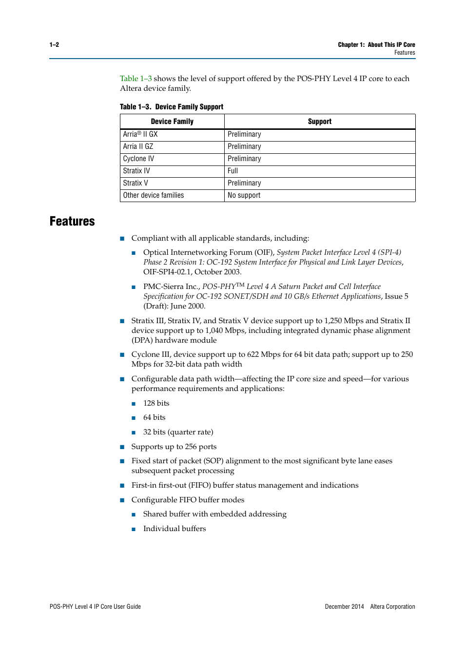 Features | Altera POS-PHY Level 4 IP Core User Manual | Page 4 / 142